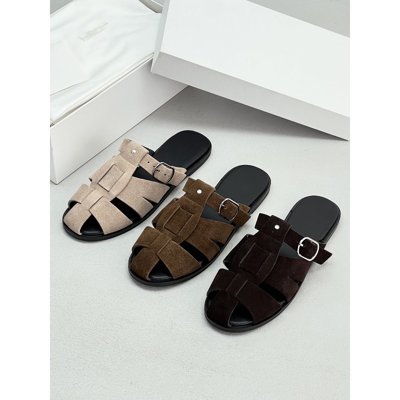 ¡Minimalismo retro! Francia T & R trenzado zapatillas de verano nuevo hueco con hebilla plana zapatillas romanas