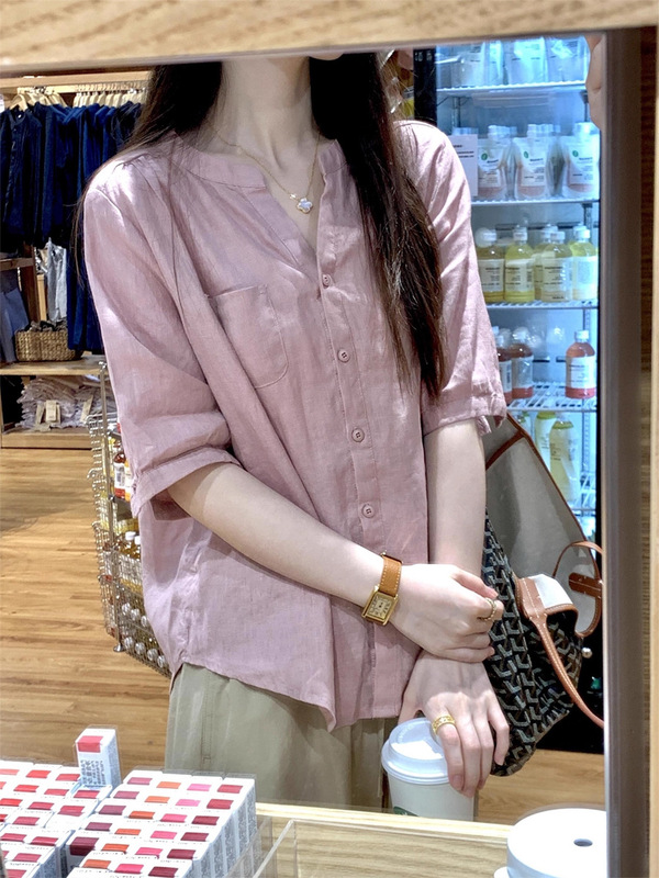 粉色棉麻短袖衬衫女夏季2025新款轻薄款衬衣巨好看的苎麻小衫上衣|undefined