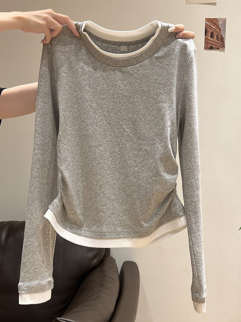 Pure cotton round-neck, regular-shoulder, faux-two-piece long-sleeve T-shirt, women's base shirt, 2026 autumn, pleated waist-cinching inner top