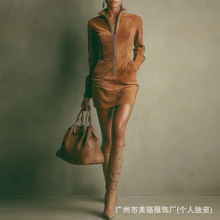 独立站跨境2025秋冬新款欧美女装鹿皮绒法式拉链长袖连衣裙短裙加