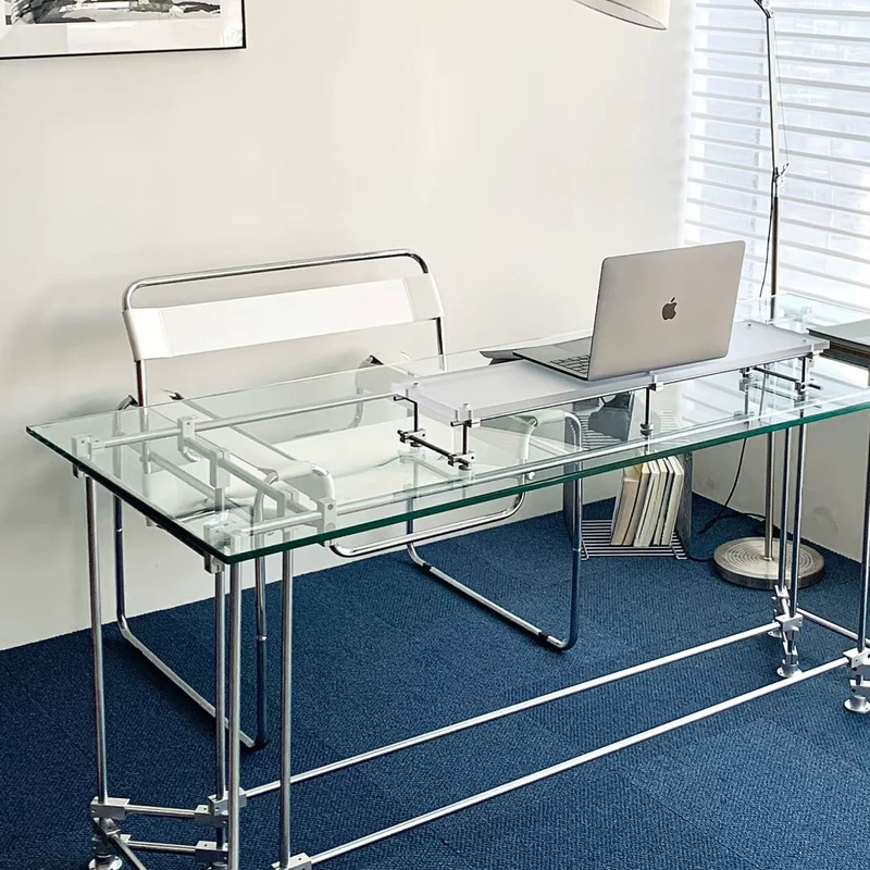 Minimalist Bauhaus-style tempered glass desk, light luxury metal frame computer desk, transparent and trendy office desk, custom-made