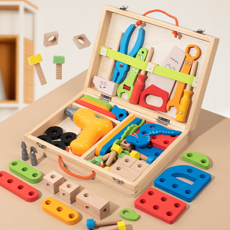 Wooden children's toolbox for boys and girls, pretend play, disassembly and assembly, educational hands-on screw-turning and assembly toy