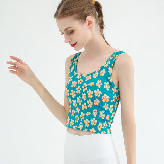 Korean Style Beautiful Back Yoga Sports Fitness Wear Women's Printed Chest Wrap High Elastic Quick-drying Running Top with Chest Pad