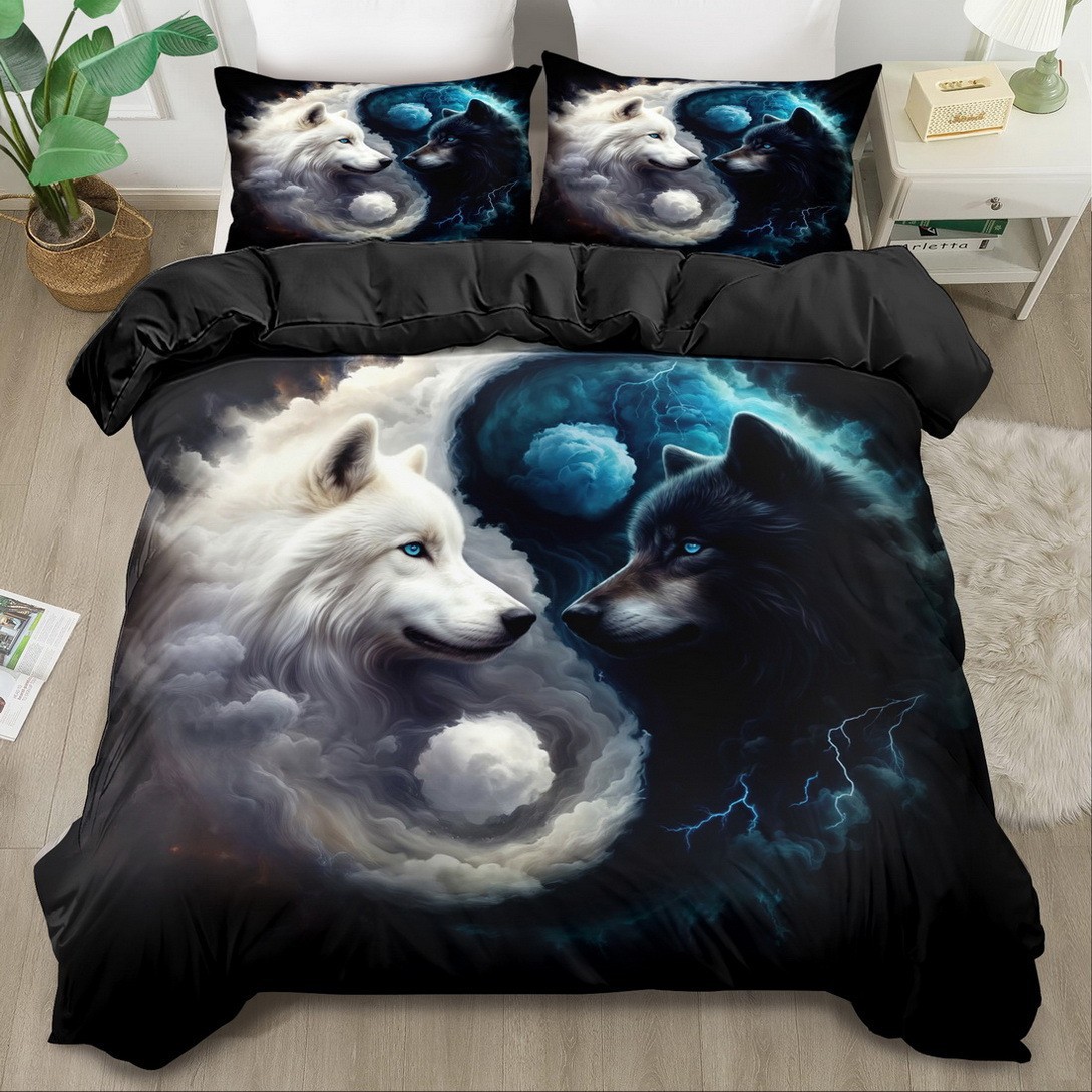 TEMU / JIT transfronterizo impresión digital abrasión edredón kit tridimensional animal lobo blanco estilo textil para el hogar dibujo puede hacer