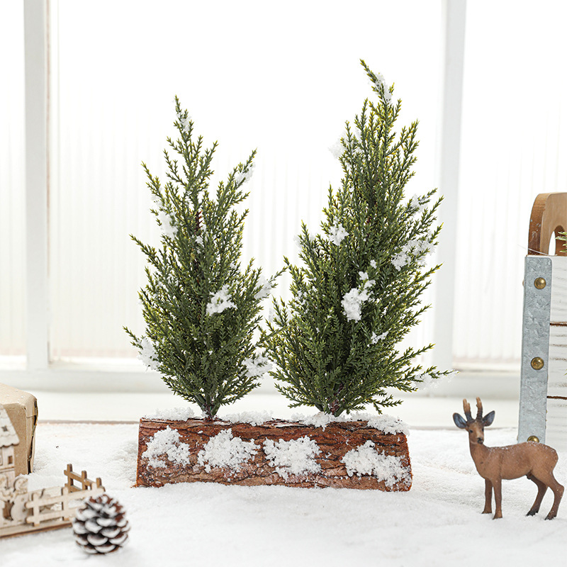 Mesa con nieve árbol de Navidad doble árbol estaca inferior imitación pinos cedro aguja mini decoración de árbol de Navidad