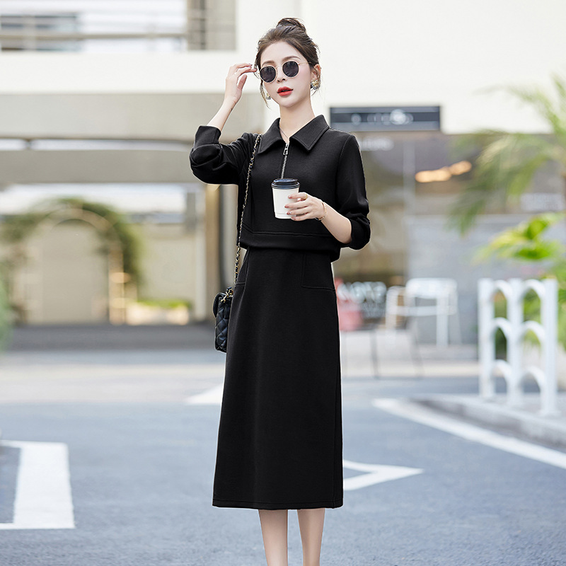 Long-sleeved hoodie dress women spring and autumn 2024 new temperament slimming leisure fake two-piece skirt HE8853