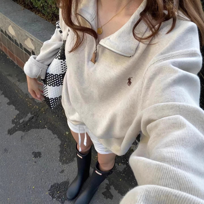 [Original Label with Qr Code] Ralph Lauren Sweatshirt with Half-Zip Pony Logo in Oatmeal Color, Unisex