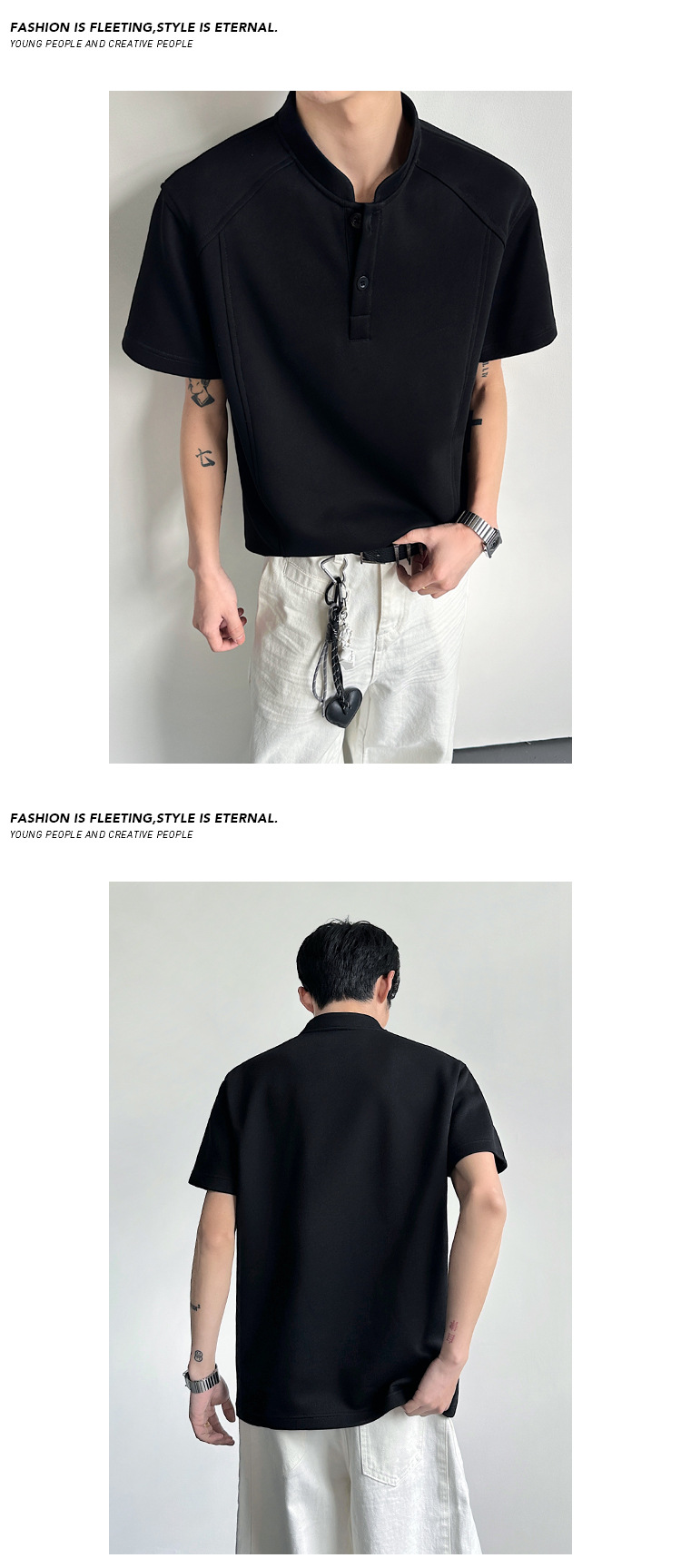 T-shirt da uomo high street con collo alla coreana casual top_voghion.com