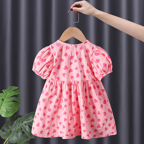 Fashionable girls dress 2024 summer new fashion style love sweet cotton breathable children's princess dress trendy