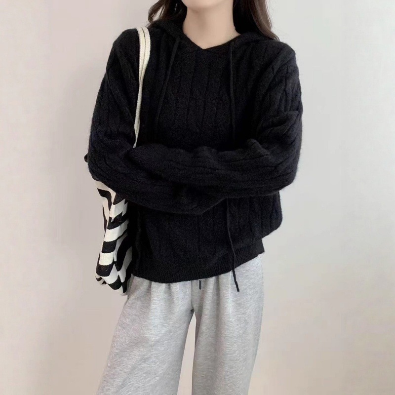 连帽麻花针织套头毛衣女秋冬新款百搭慵懒风宽松软糯女装毛衣外套|undefined