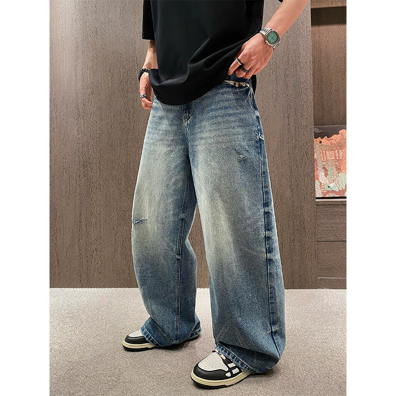 2026 Spring New Style Metal-Trimmed Straight Loose Jeans for Men, Washed and Distressed with Frayed Edges 2026 Spring New Style Metal-Trimmed Straight Loose Jeans for Men, Washed and Distressed with Frayed Edges