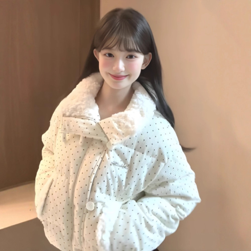 甜美波点羽绒棉服女2025冬季新款加厚面包服棉袄翻领短款棉衣外套|undefined