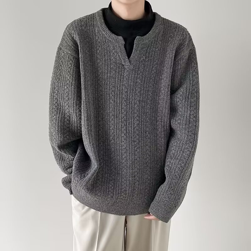 Pull en tricot à col en v pour homme en mélange coton hiver_voghion.com