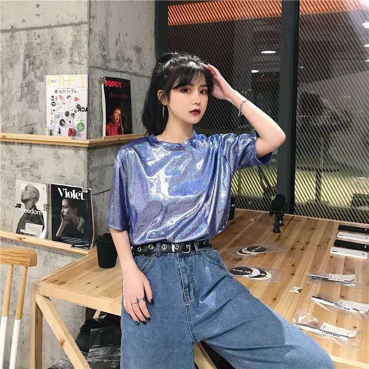 Design Sense Niche Color-changing Glitter Glossy Short-sleeved Loose T-shirt Women's Summer New Bright Silk Base Shirt Top