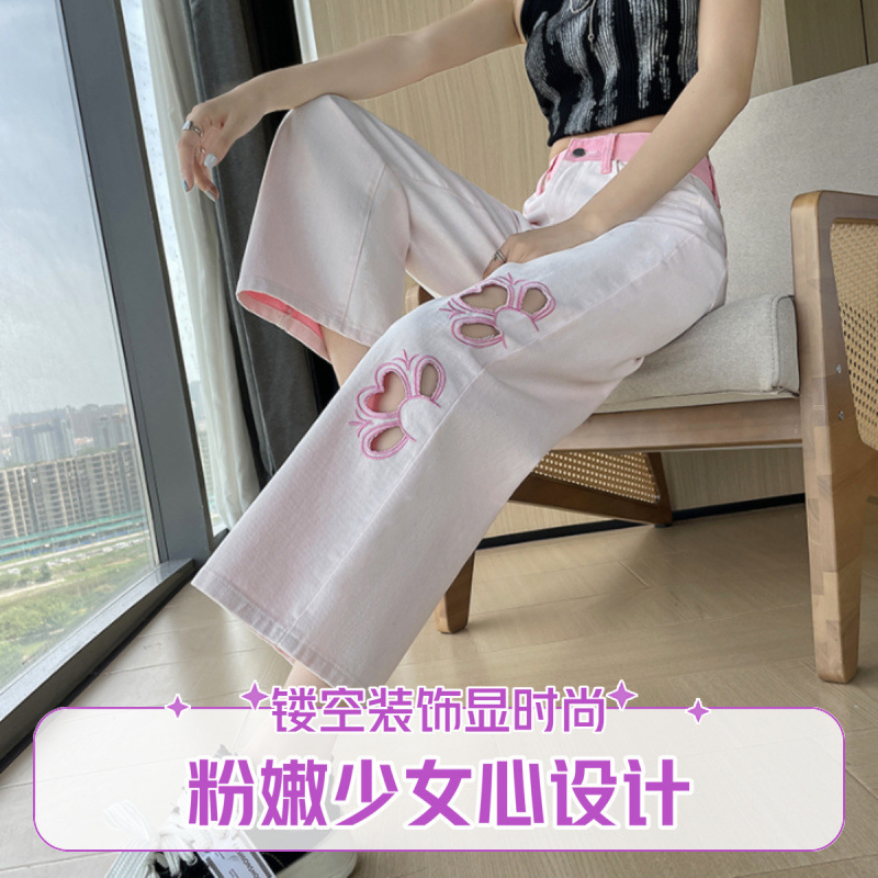 新中国式刺繍の透かし彫りのジーパンの薄いタイプの夏2025新型の高腰はゆったりしていて、やせています。|undefined