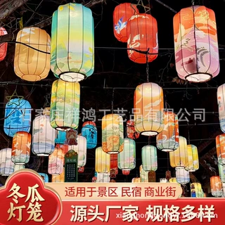 新中式国潮灯笼冬瓜形布艺吊灯户外景区防水灯笼打卡墙亮化布置定
