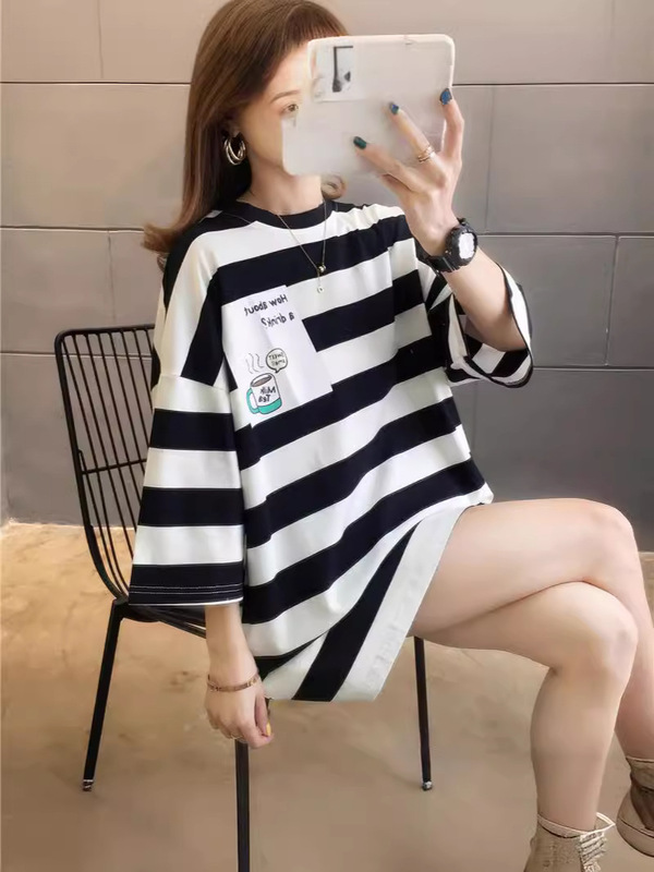 2024夏の女装百合縞ゆるい中長のtシャツ女性半袖が痩せているシャツins潮女性半袖|undefined