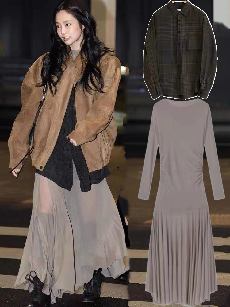 ジェニー(JENNIE)と同じスタイルの2025年新作メイラードブラウンスエードジャケット、レディースゆったり襟付きジャケット