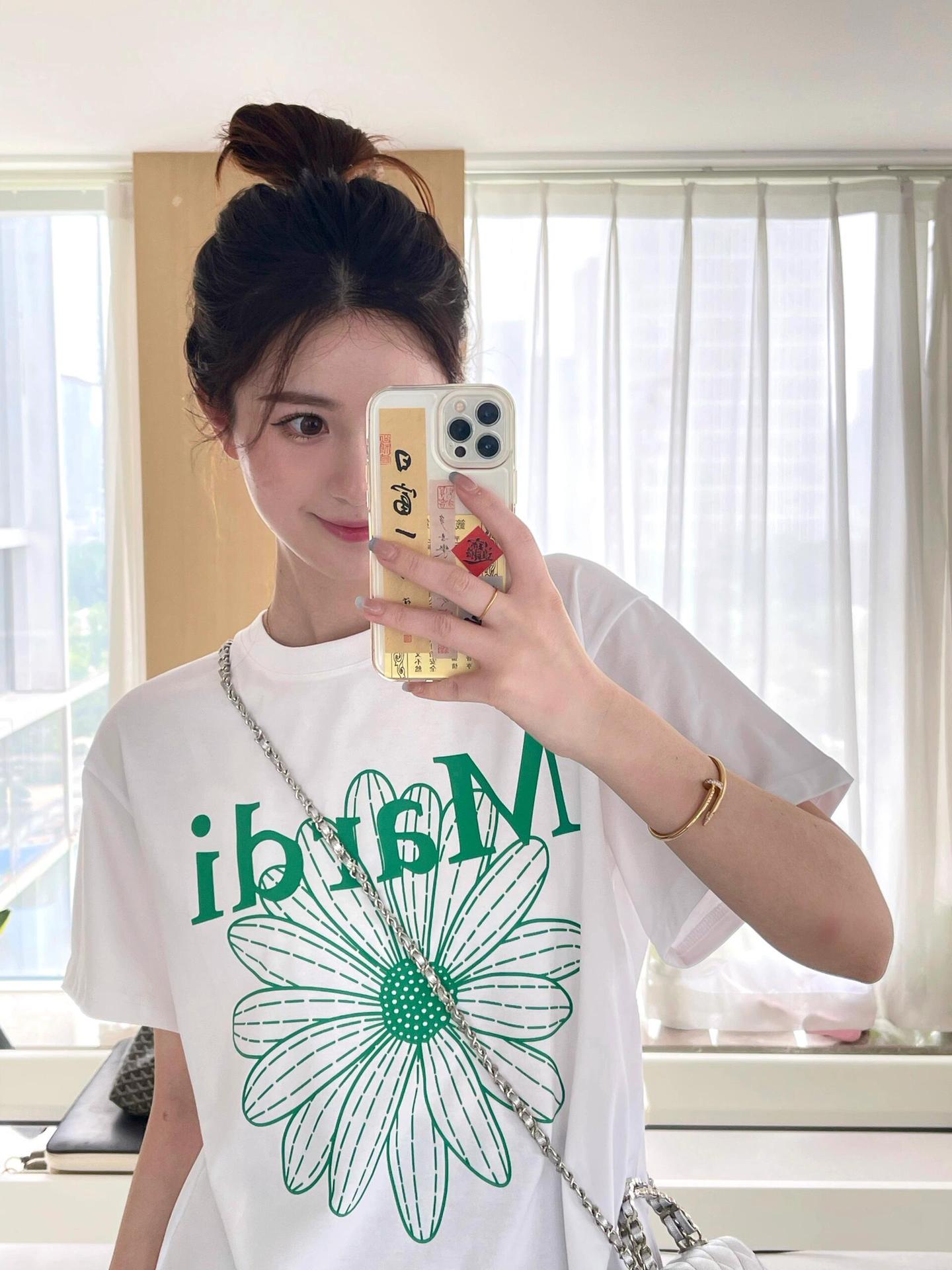 現物韓国潮牌Mardi半袖女性25夏新作デイジープリント丸襟純綿上着tシャツ代発