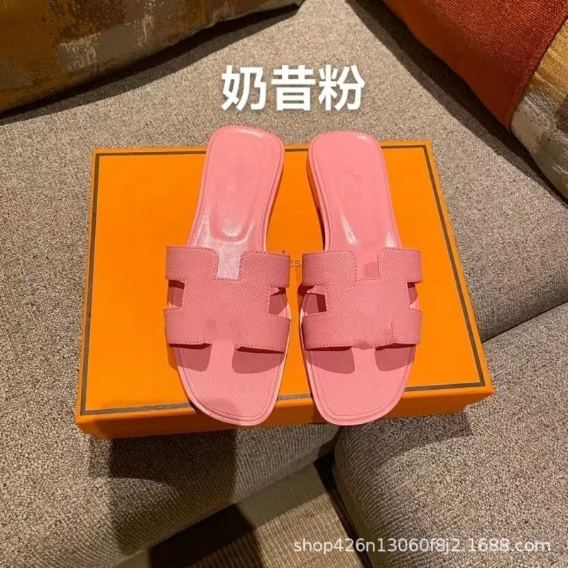 外贸经典款H家拖鞋女夏季高版本休闲一字型羊皮平底拖鞋批出货快|undefined