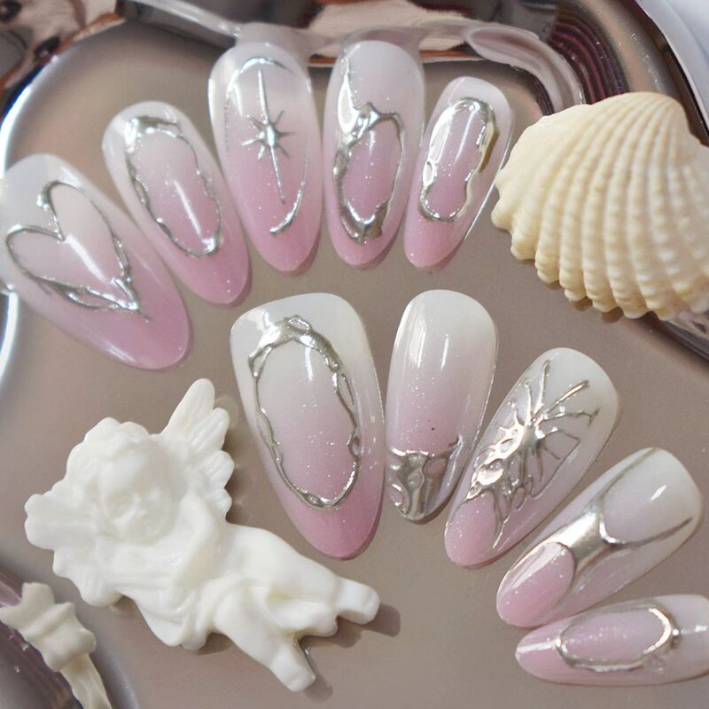 Cross-Border Hot Selling Gradient Pink French Nail Design Metal Heart-Shaped Spider Shape Fashion Manicure Suitable for Ladies