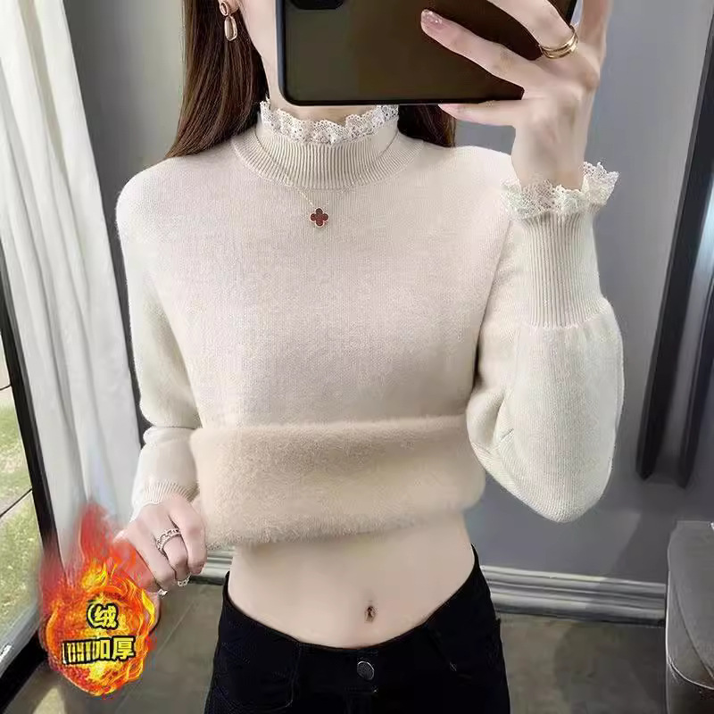Suéter de terciopelo de una sola pieza de alta calidad para mujeres 2023 Otoño e Invierno Nuevo medio cuello alto ropa interior slim fit engrosada camisa de punto para mujeres image 3
