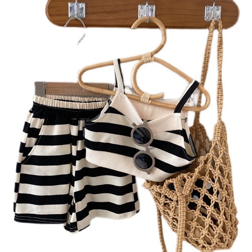 Girls striped suspender shorts two-piece set 2024 summer new season baby girl casual fashion sports suit trendy