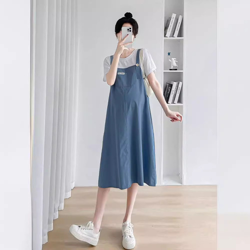 Maternity Summer Dress Fashionable Loose-Fitting Mid-Length Suspender Skirt with Fake Two-Piece Splicing Design