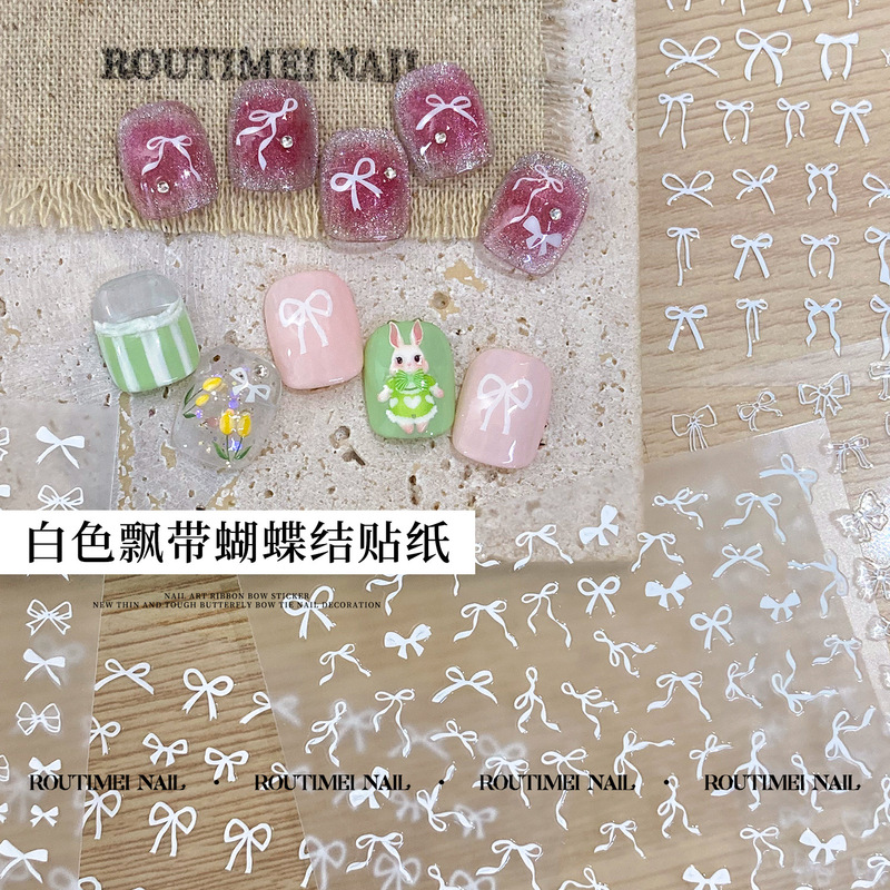 White Ribbon Bow Nail Art Sticker Classy Versatile Simple Ins Style Adhesive Bow Tie Nail Sticker