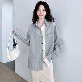 【原布加工】宽松拼接条纹长袖衬衫女秋季新款设计感衬衣外套上衣