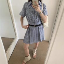 实拍！韩系文艺小清新polo领格子收腰百褶衬衫式连衣裙女装新款