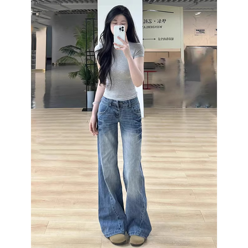 美式复古微喇牛仔裤女2025秋季新款低腰辣妹高街显瘦不贴腿拖地裤|undefined