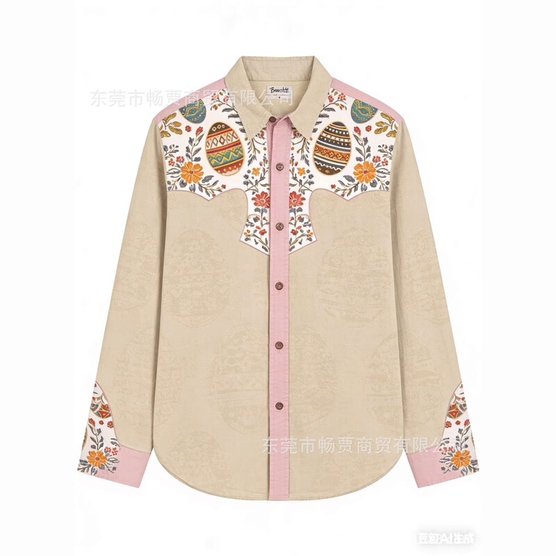 Recommended new innovative hot style creative element digital print Easter loose-fitting collared long-sleeve shirt without pockets Recommended new innovative hot style creative element digital print Easter loose-fitting collared long-sleeve shirt without pockets