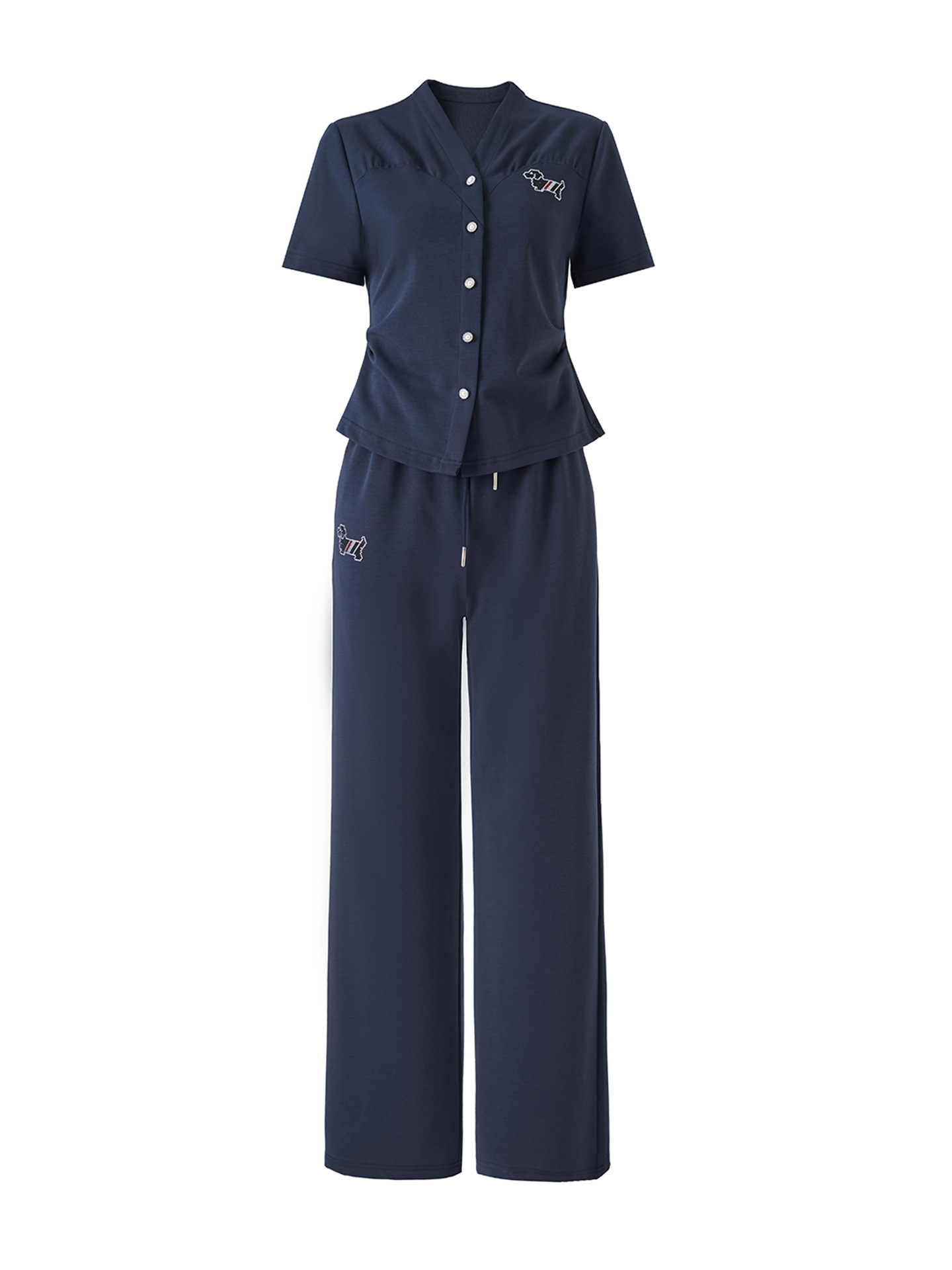 Bộ thể thao nữ mùa hè áo thun cổ tròn tay ngắn + quần ống rộng cao cấp — màu xanh navy