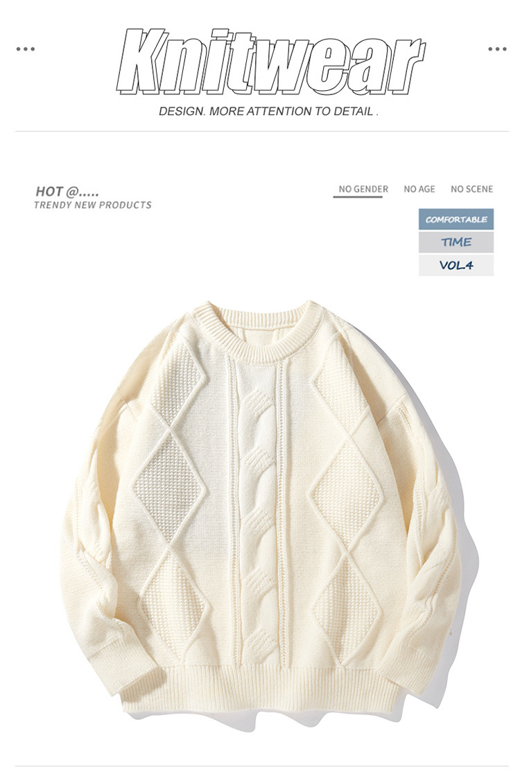 Pull en maille torsadée pour homme – Pull oversize à col rond et coupe décontractée pour l'hiver et l'automne (Noir/Beige/Marron/Kaki, M-XXL)_voghion.com