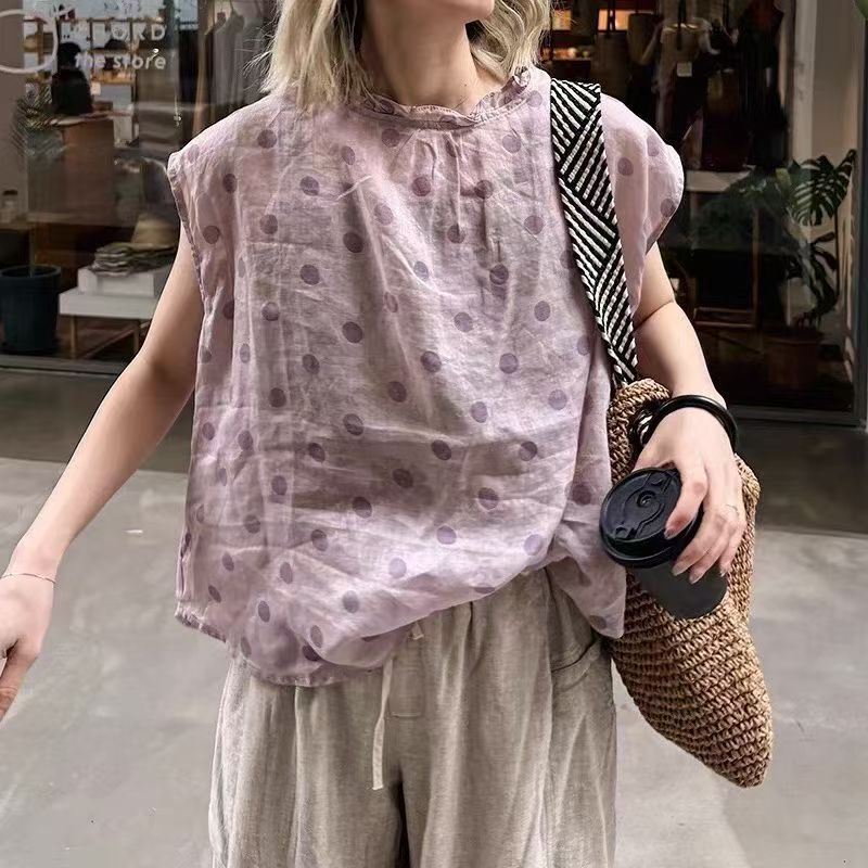 Polka Dot Print Round Neck Pullover Ramie Sleeveless 2026 Summer New Style Ruffled Edge Artistic Retro Style Women's Shirt