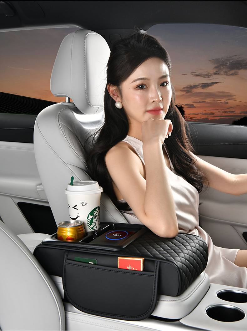 15W wireless charging car armrest box protection pad car tissue box central leather elbow booster cup holder