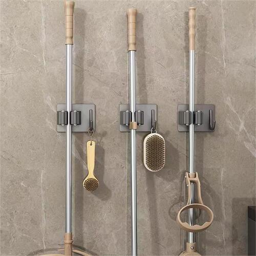 Gun gray mop clip hook bathroom punch-free multi-functional broom fixed hanger wall stainless steel wall-mounted