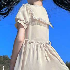小兔子花边娃娃领短袖连衣裙夏大童女孩初中高中学生收腰显瘦裙子