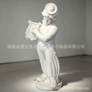 石雕摆件厂家定制汉白玉竖琴小丑人物石雕 欧式音乐人大理石雕塑