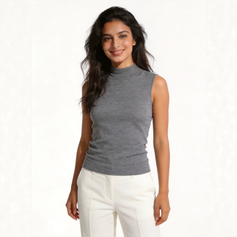 Sleeveless Half-Turtleneck Vest Made of Yangzi Yarn Fine-Spun Ultra-Fine Wool Knit, Slim-Fit Base Layer for Women Sleeveless Half-Turtleneck Vest Made of Yangzi Yarn Fine-Spun Ultra-Fine Wool Knit, Slim-Fit Base Layer for Women