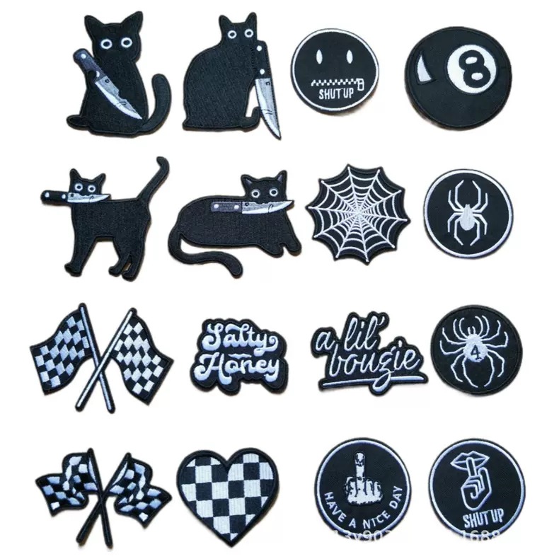 embroidery black and white checkerboard sticker spider web patch sticker flag love decoration