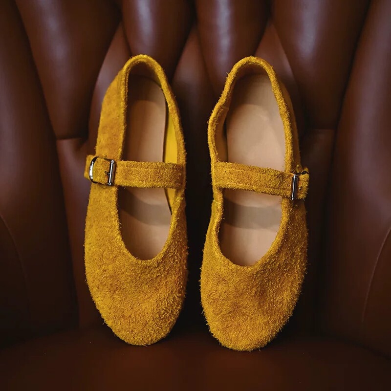 Ready Stock ~ First-Layer Cowhide Mary Jane Ballet Shoes for Women, Flats-Soled Retro One-Word Buckle Brushed Genuine Leather Pumps