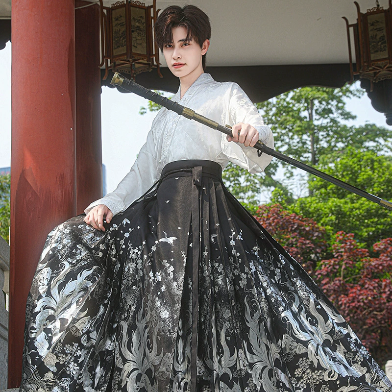 *** Летняя новая китайская мужская одежда Hanfu Guofeng вышитая жаккардовая ткань с рукавами самолета блузка с позолотой конская юбка