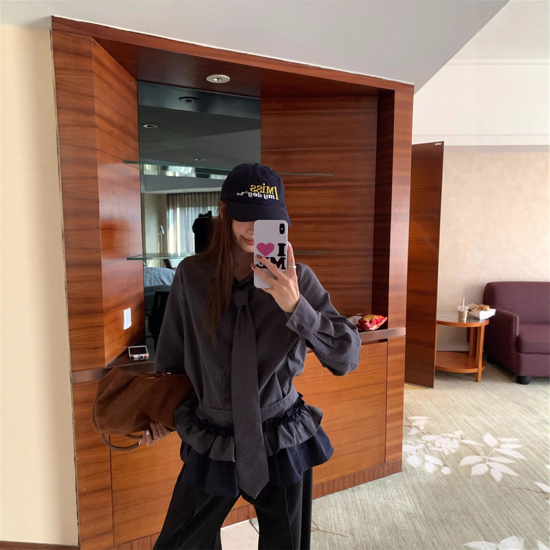 实拍高级感复古格子长袖衬衫女秋季外搭领带荷叶边围裙三件套|undefined