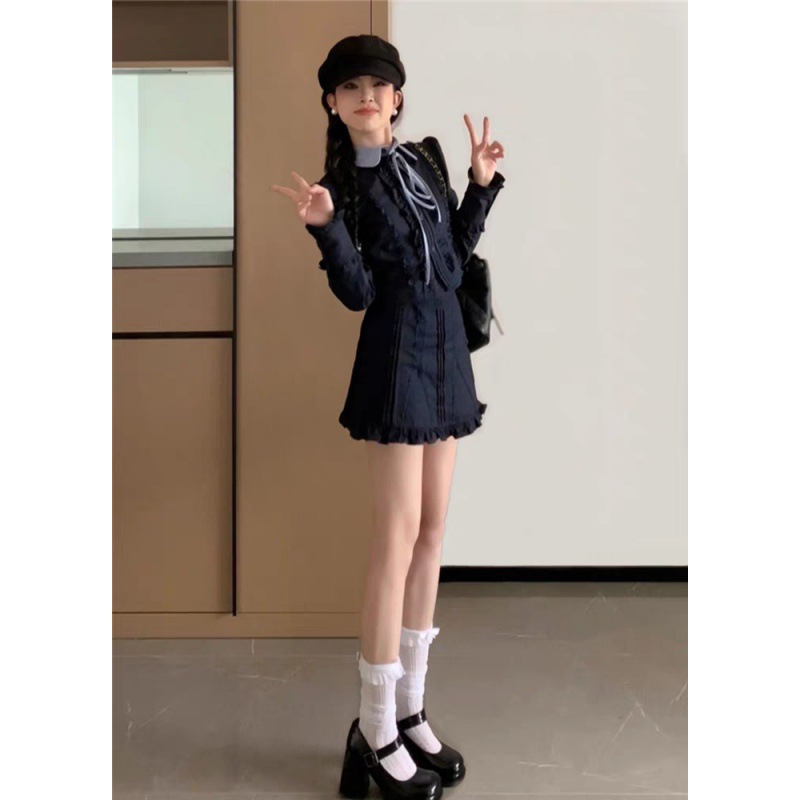 여름 새로운 한국 스타일 절묘한 대학 스타일 어깨 스티칭 탑 짧은 치마 올 매치 투피스 세트