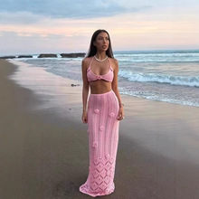 跨境亚马逊度假风连衣裙立体钩花镂空后背防晒长裙沙滩罩衫套装