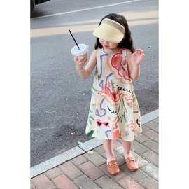 T107#春季韩版女童森系印无袖背心裙儿童连衣裙宝宝裙