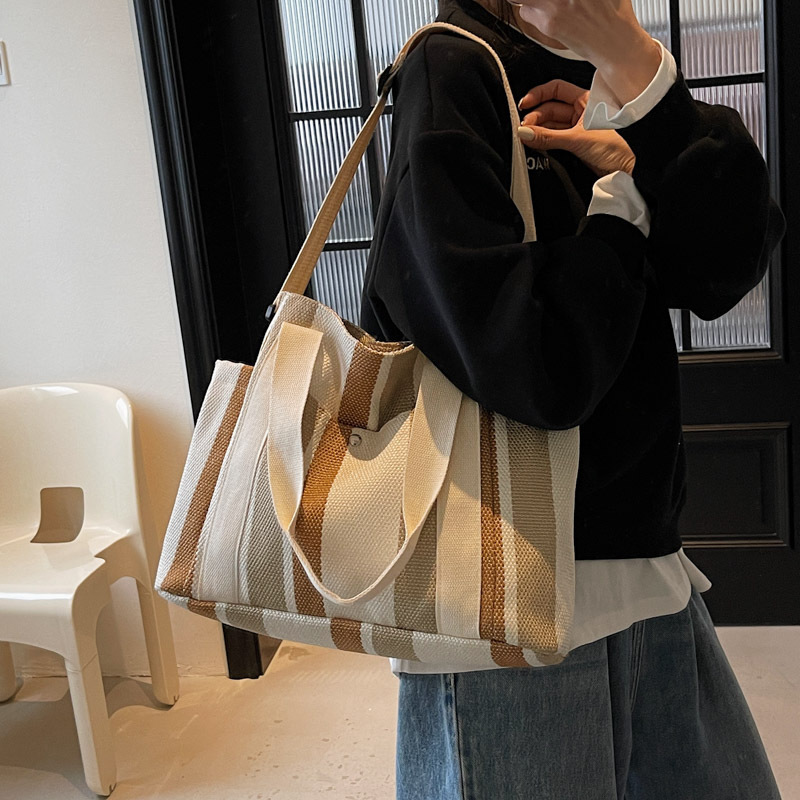 토트 백 대용량 여학생 통근 캔버스 어깨 가방 슬랙 센스 스트라이프 콘트라스트 컬러 여성용 캐주얼 토트 백
