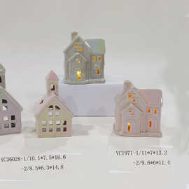 跨境圣诞节创意房子景观装饰圣诞镂空陶瓷摆件装饰品带光定制[快